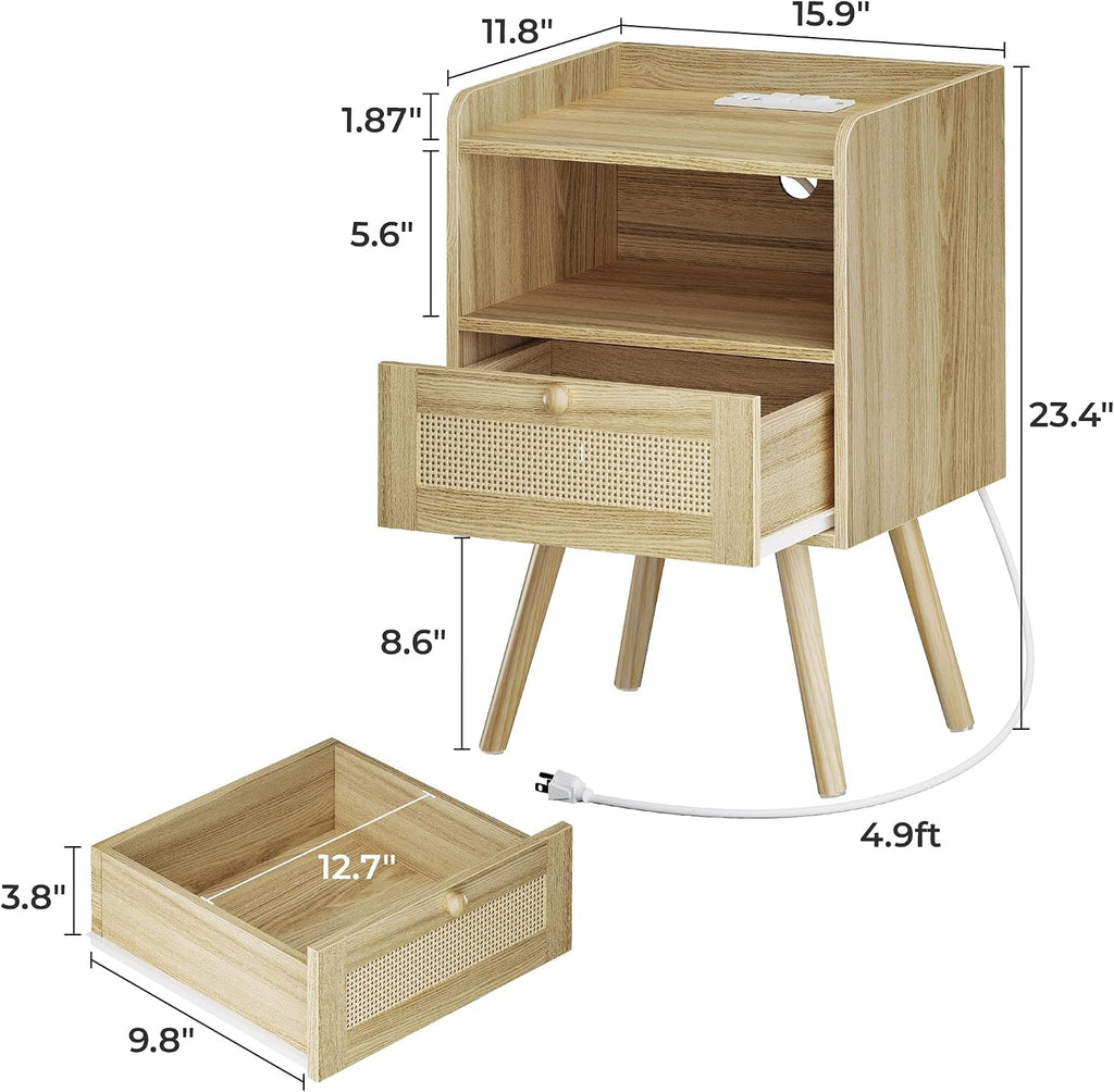 Nightstands Set of 2, Night Stands with Charging Station & PE Rattan Decor Drawer, Bed Side Tables with Solid Wood
