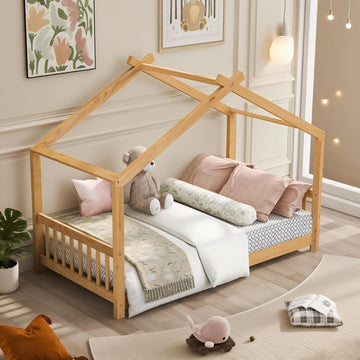 Floor House Beds Wood Montessori Bed Frame Twin Size Platform Bed with Headboard & Footboard for Kids Boys Girls