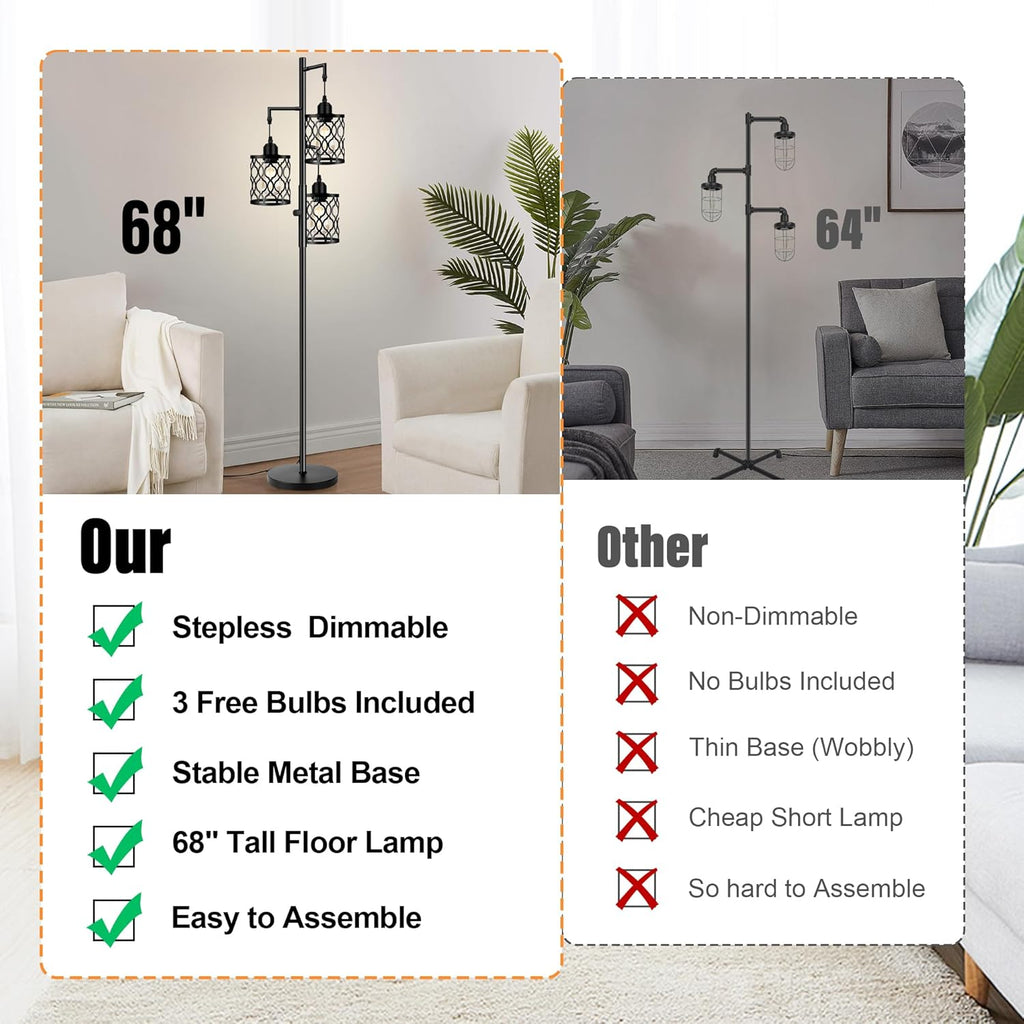 Dimmable Farmhouse Floor Lamp, Industrial Floor Lamp with 3 X 6W LED Bulbs, 3 Light Rustic Standing Tall Lamp, 68"