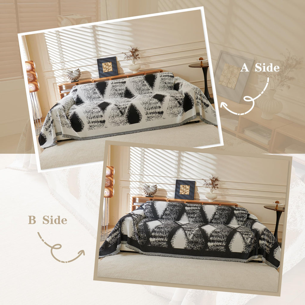 Boho Couch Cover for Dogs Washable Black Rhombic Couch Sofa Protector for Loveseat Sofa with Pets Friendly Chenille
