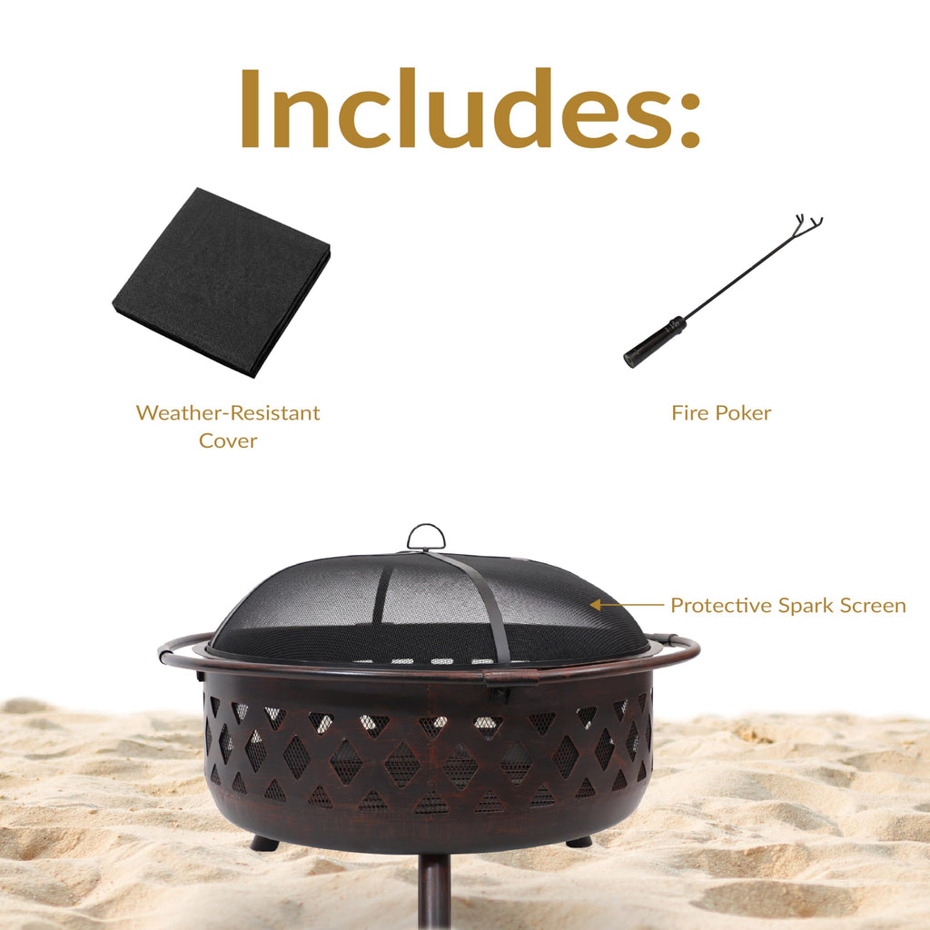 Crossweave 36" Large Outdoor Fire Pit, Wood Burning, Round