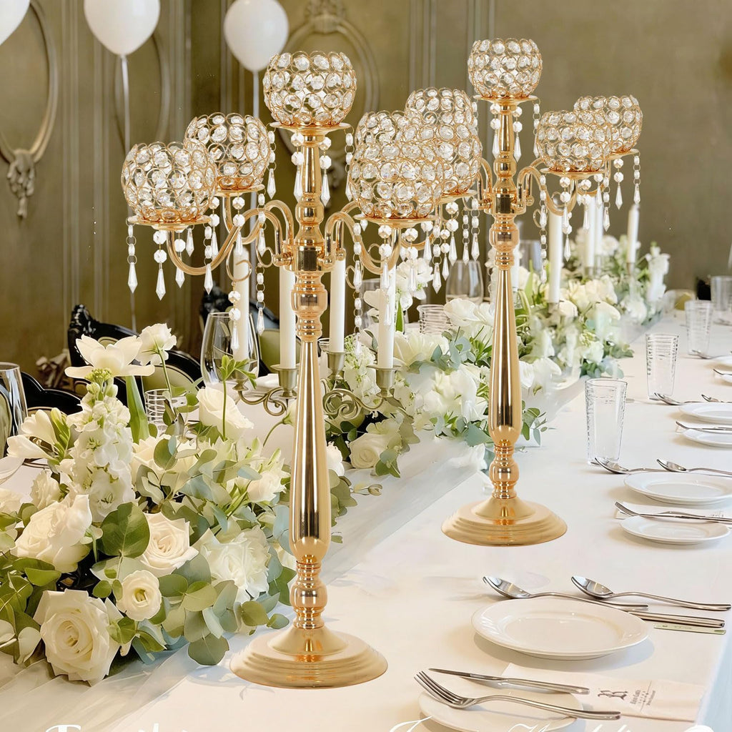 4 Packs 5 Arms Crystal Candelabra, Gold Floor Candle Holder Set with Chandelier Crystal Beaded Anniversary Dinner