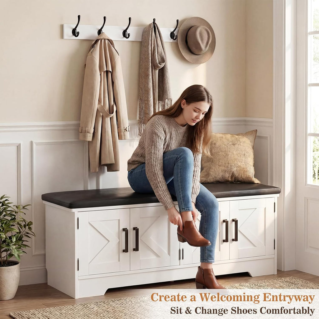 Farmhouse Shoe Storage Bench with Cushion - 43.3" Entryway Bench with Storage & 4 Barn Doors, 2-Tier Wooden Shoe Rack