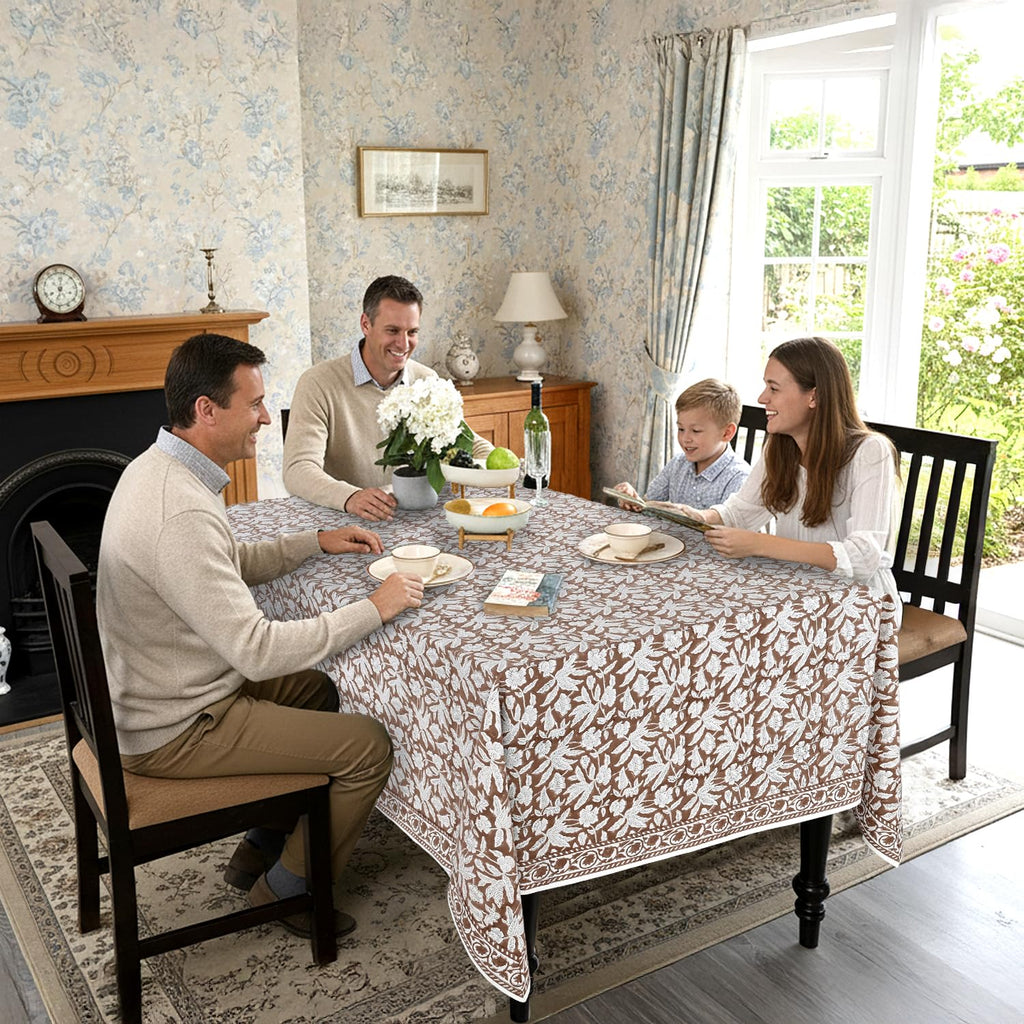 Oak Brown Hand Block Print Rectangle Tablecloth 108x60 Inch