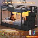 Bunk Bed Twin Over Twin with Stairs, LED Lights Twin Bunk Bed with 2 Storage Drawers & 6 Fabric Drawers