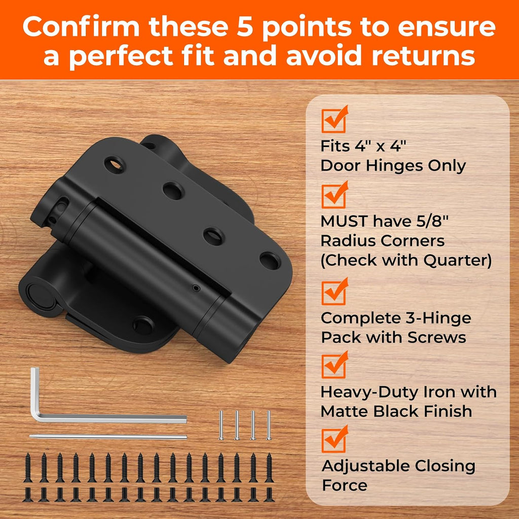 3 Pack Self Closing Door Hinges 4 Inch Black Spring Hinge with 5/8" Radius Corner Adjustable Tension for Residential
