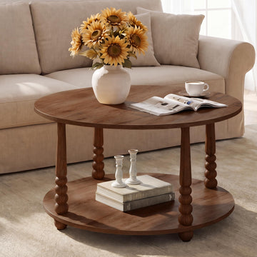 2-Tier Round Coffee Table with Storage, Solid Wood Legs