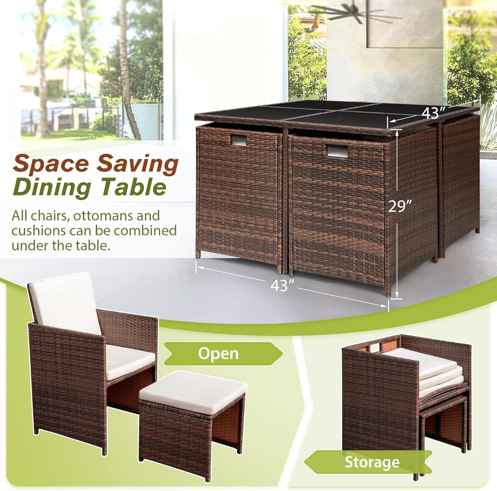 9 Pieces Patio Dining Sets Outdoor Space Saving Rattan Chairs with Glass Table Patio Furniture Sets Cushioned Seating