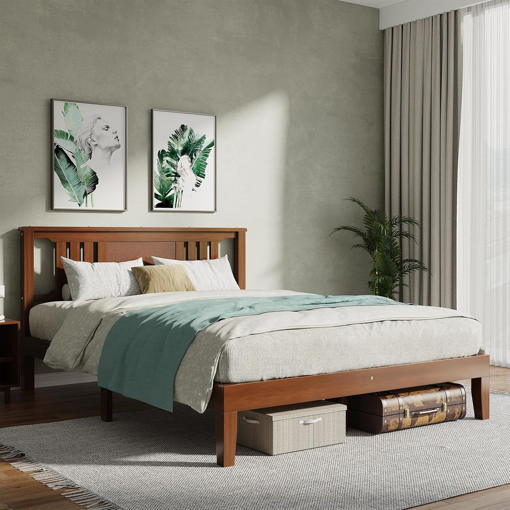 Solid Wood Bed Frame, Queen Platform Bed Frame with Headboard, Sturdy Wood Slat Support, Heavy Duty, No Box Spring