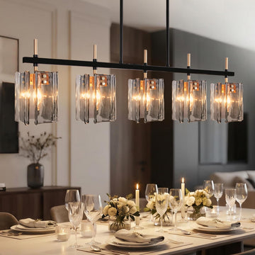 Rectangular Dining Room Light Fixture, 42" L Black and Gold Glass Linear Chandeliers Over Table, Farmhouse