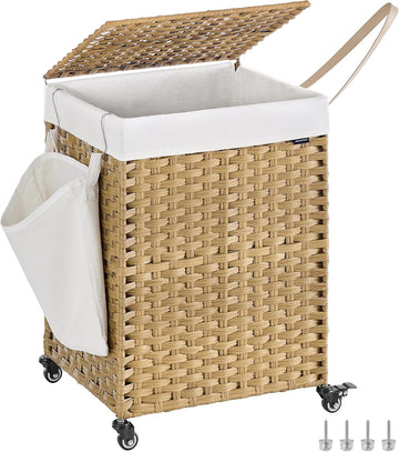 Laundry Hamper with Lid, 31.7 Gallons (120 L), Rolling Laundry Basket with Wheels, Synthetic Rattan, Removable Liner