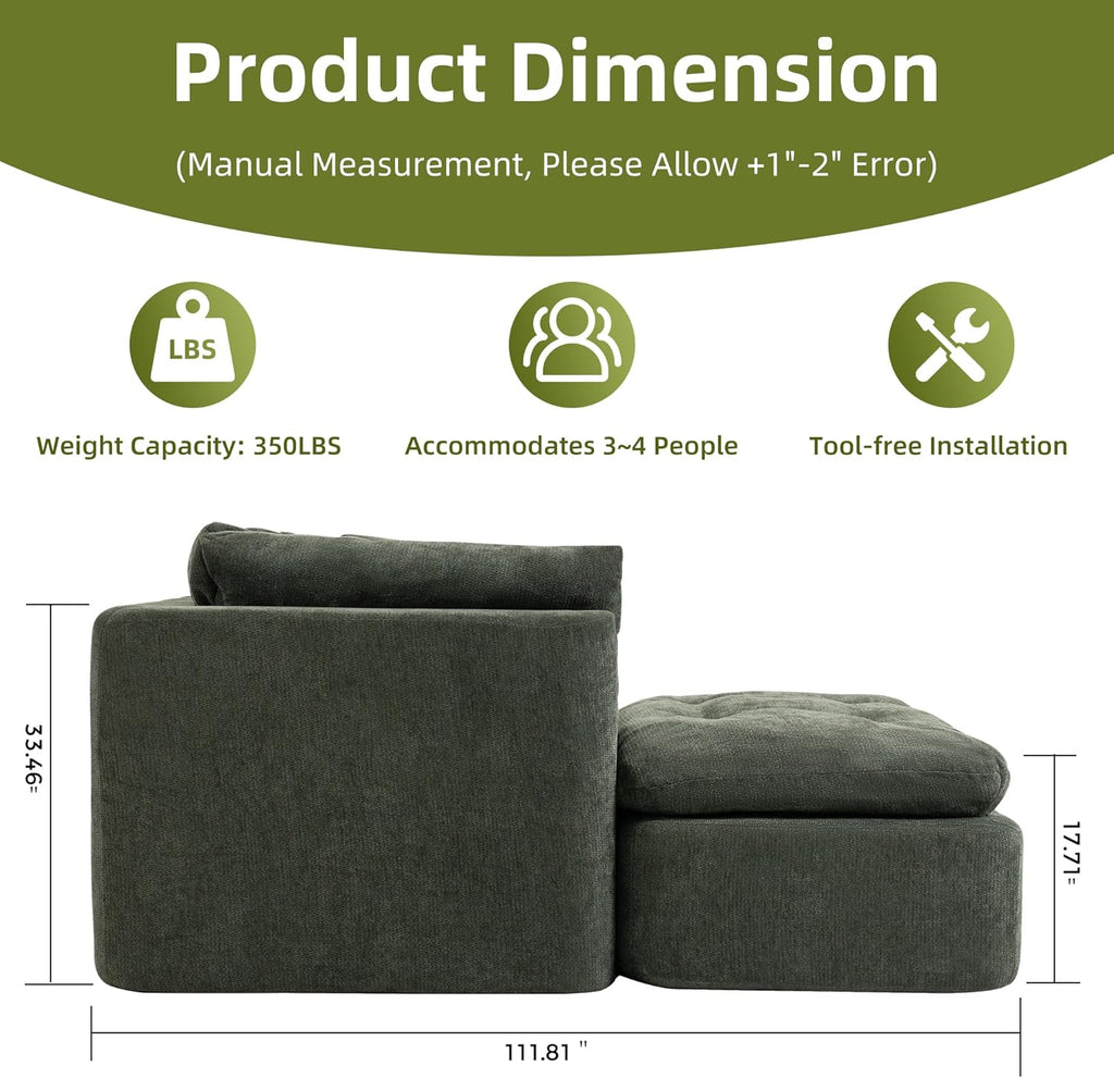 Tufted Cushions Cloud Sectional Boneless Sectional Sofa with Movable Ottoman, 112" Oversized Modular Convertible L