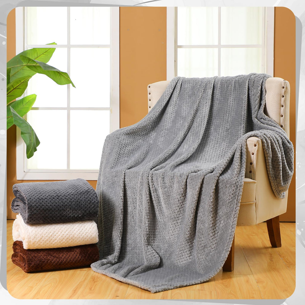 4 Pcs Fleece Throw Blanket, 3D Waffle Textured, Gradient Gray