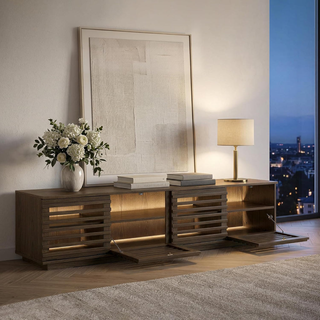 70" Modern TV Stands with LED Light for TVs Up to 75 inches, Low Profile Entertainment Center with 4 Flip-Down Door & Fluted Details, TV Media Console for Living Room, Walnut