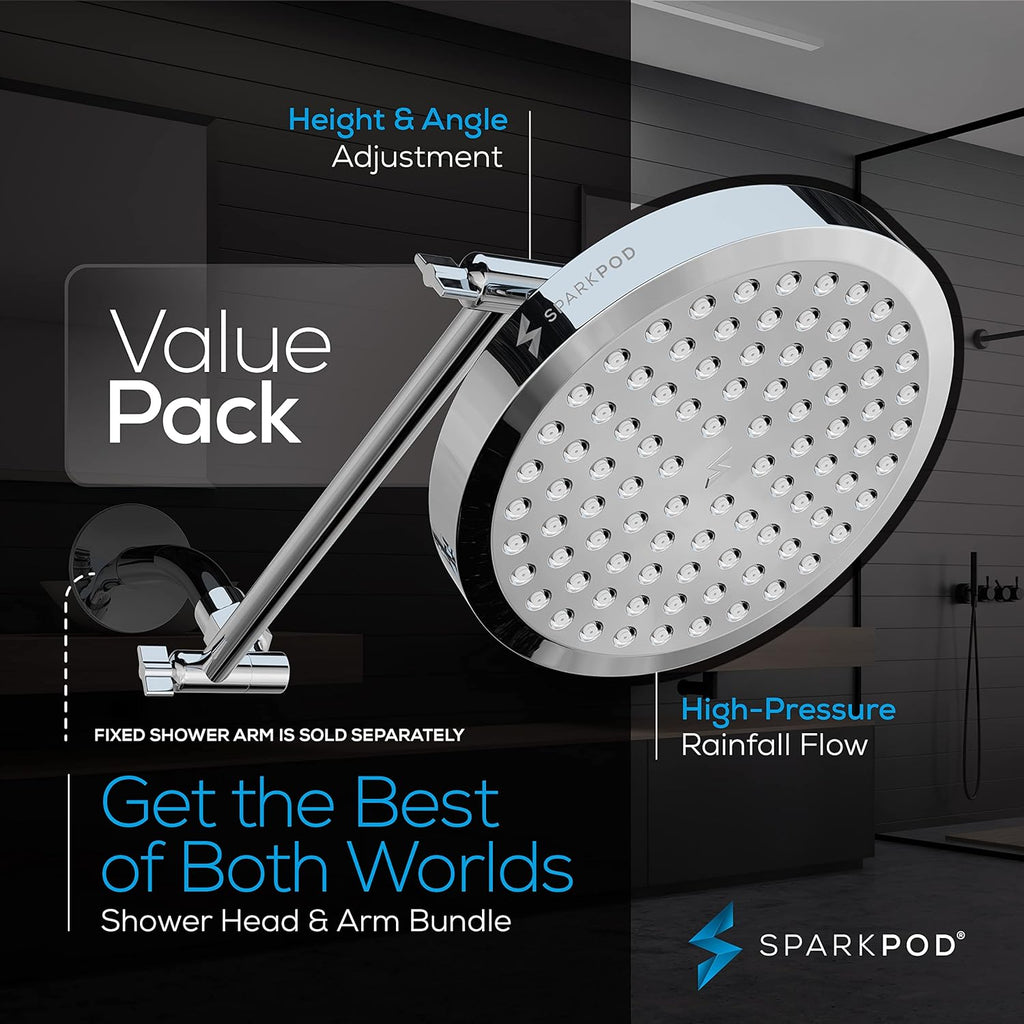 Round Rain Shower Head with Extension Arm - Height Adjustable Shower Head with High Pressure Performance