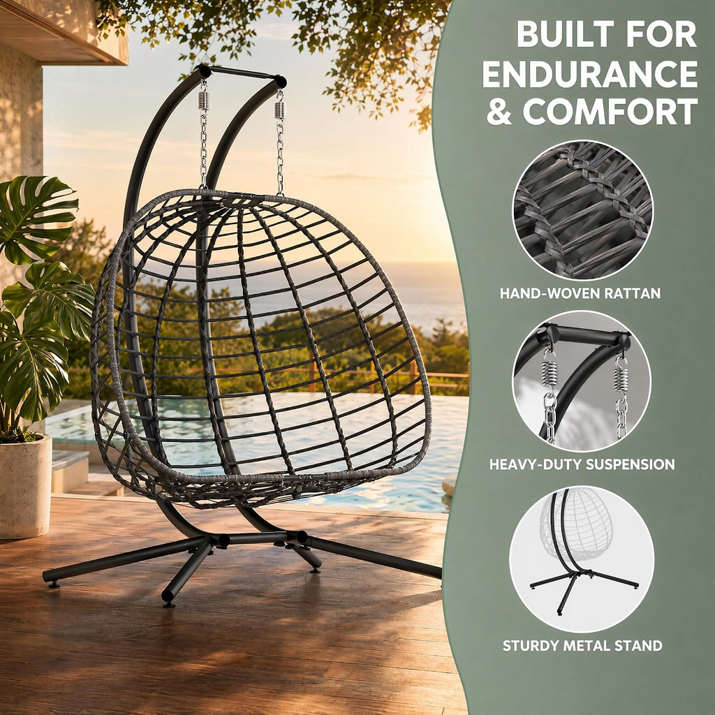 Double Egg Swing Chair 650lbs 2-Person w/Stand Dark Grey | 650lb cap, 52" cross base, shock-absorbing spring, 6