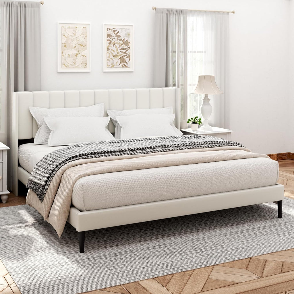 King Bed Frame and Headboard,Vertical Channel Tufted Wingback No Box Spring Needed, Mattress Foundation