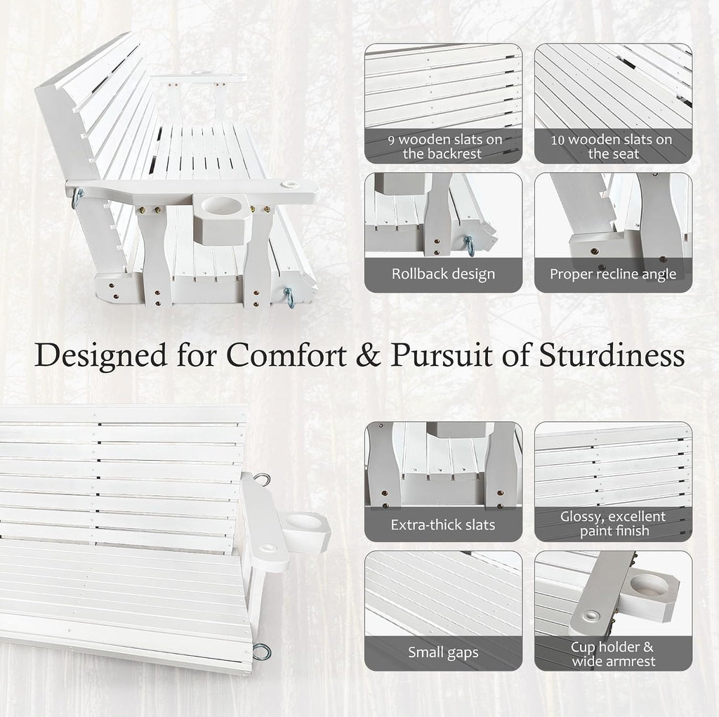 Wooden Porch Swing 3-Seater, High Backrest and Deep Seat, Bench Swing with Cupholders, Hanging Chains and 7mm
