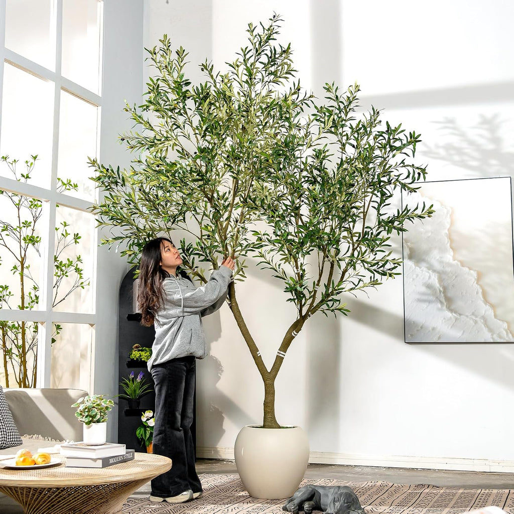 10ft Faux Olive Tree with White Pot & Moss, Artificial Olive Tree Indoor Outdoor, PE/PVC Leaves, Realistic Resin
