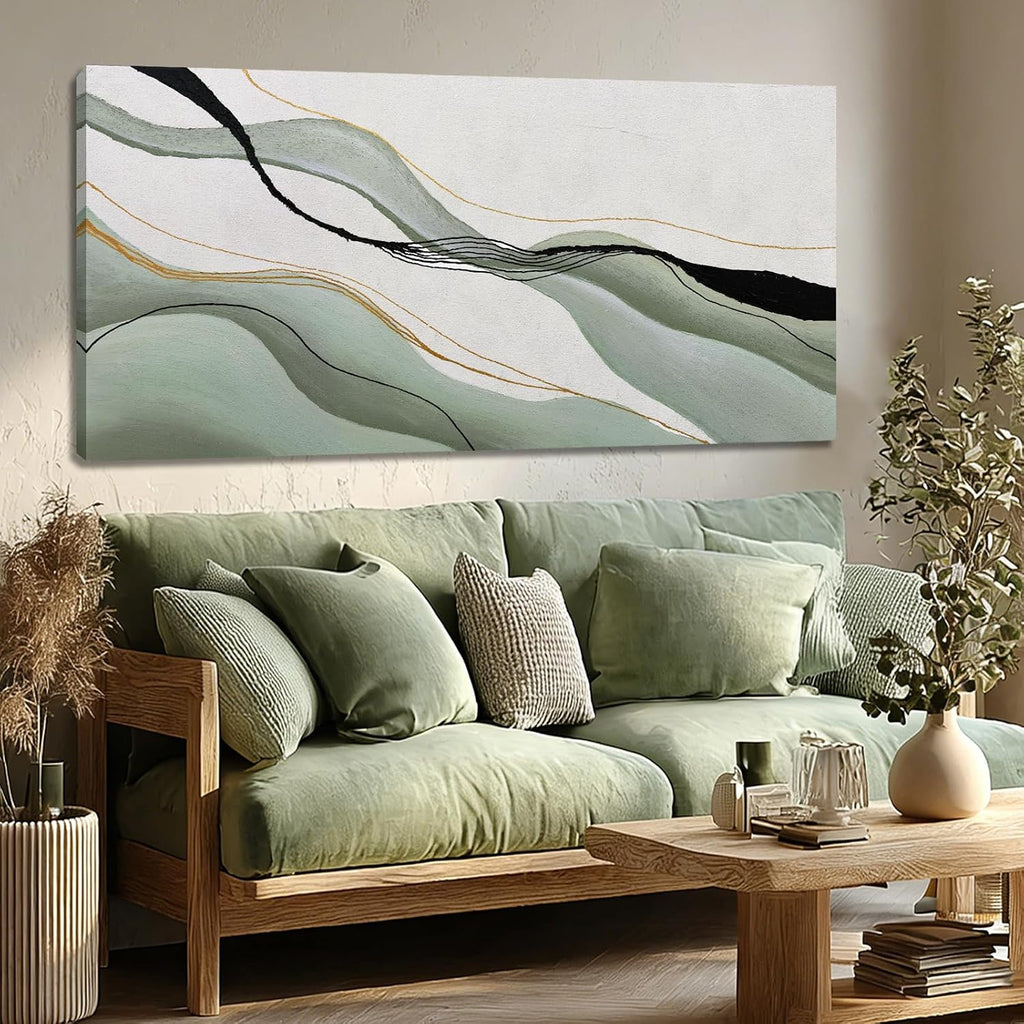 Green White Black Modern Abstract Art Print, Large Canvas Decor Bedroom Office Dining Room, 28x59 Inch