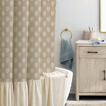 Beige Linen Textured Ruffle Shower Curtain - Vintage Floral Block Print,Boho Cottagecore Farmhouse French Country