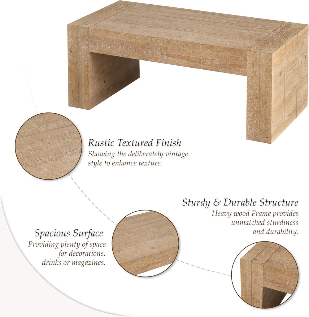 Modern Rustic Wood Coffee Table with Thick Legs, Rectangular Living Room Center Table, Natural Finish Design