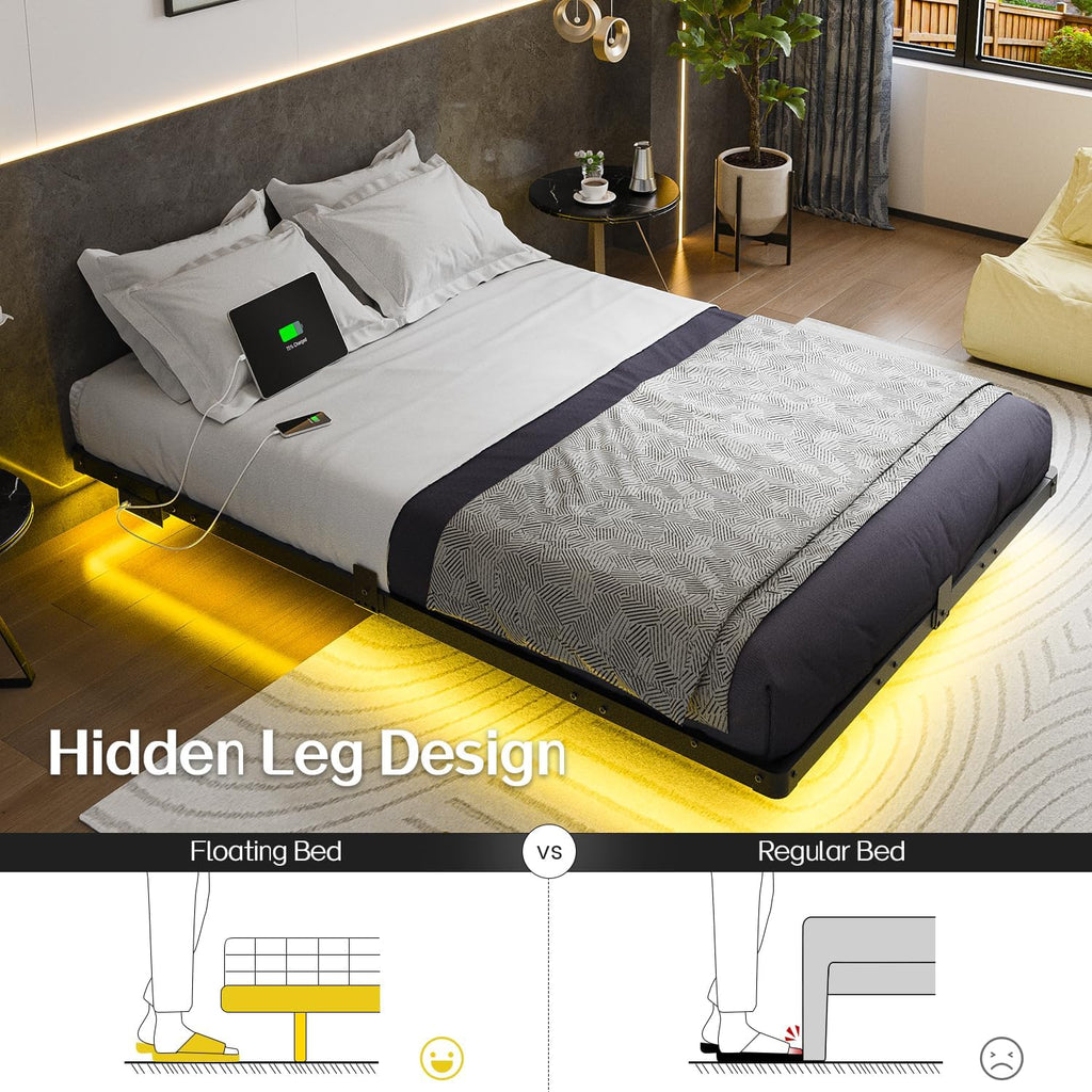 Full Modern Floating Bed Frame with Smart LED Lights, USB Charging Station, Sturdy Metal Platform