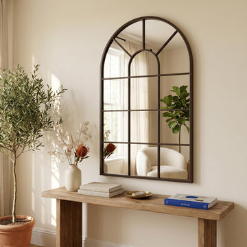 Brown Arched Windowpane Mirror 32x20 Inch, Bathroom Mirror Vanity Mirror for Wall, Boho Bedroom Decor, Vintage