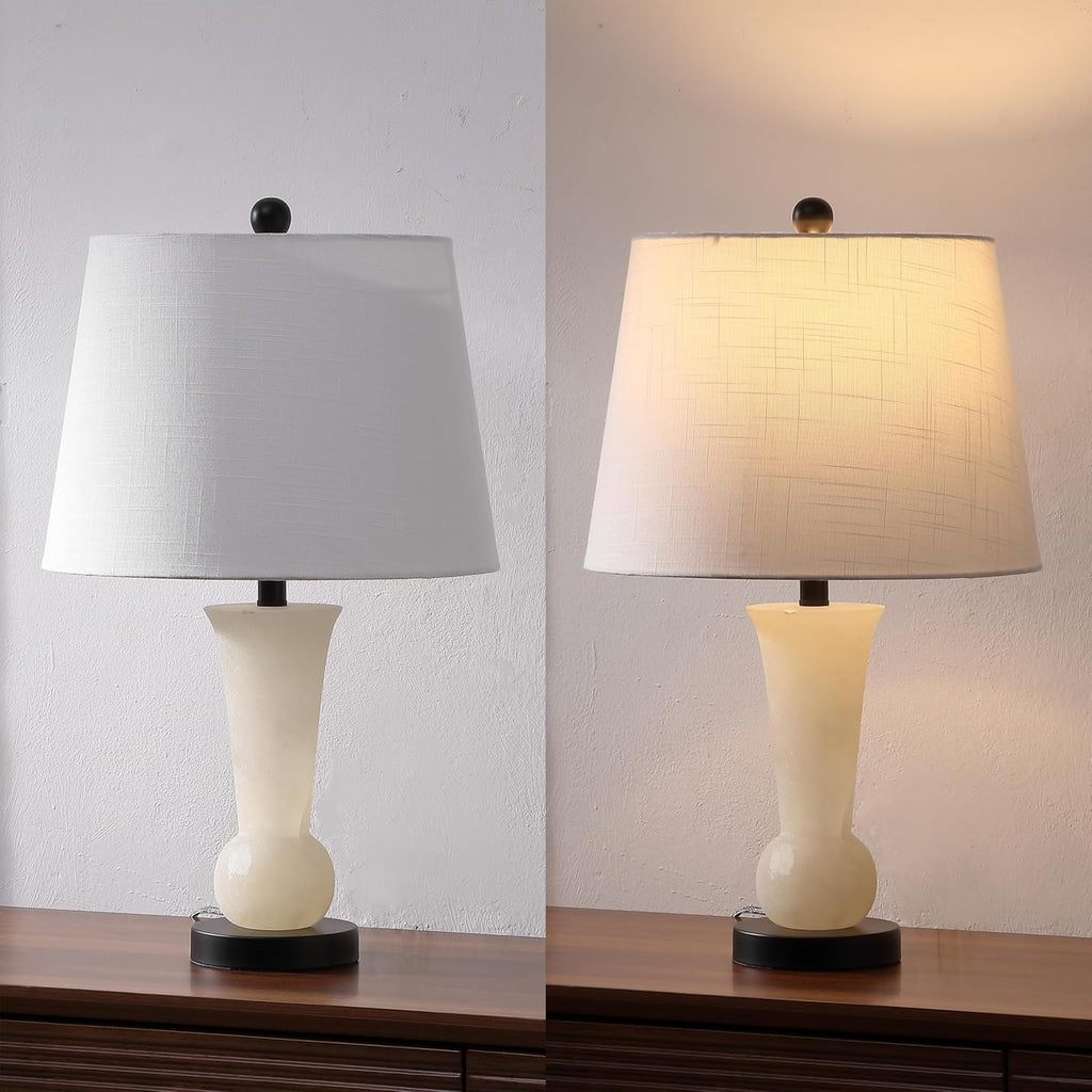 23" Natural/Black Natural White Alabaster Table Lamp with Crystal Base, Modern Nightstand Lamp with White Linen Shade