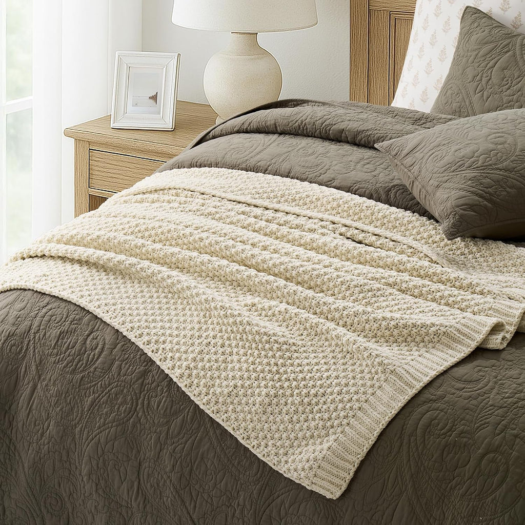 Chunky Chenille Knit Throw Blanket, Soft Luxurious Moss Stitch Blankets, Cozy Decorative Farmhouse Knitted Throws