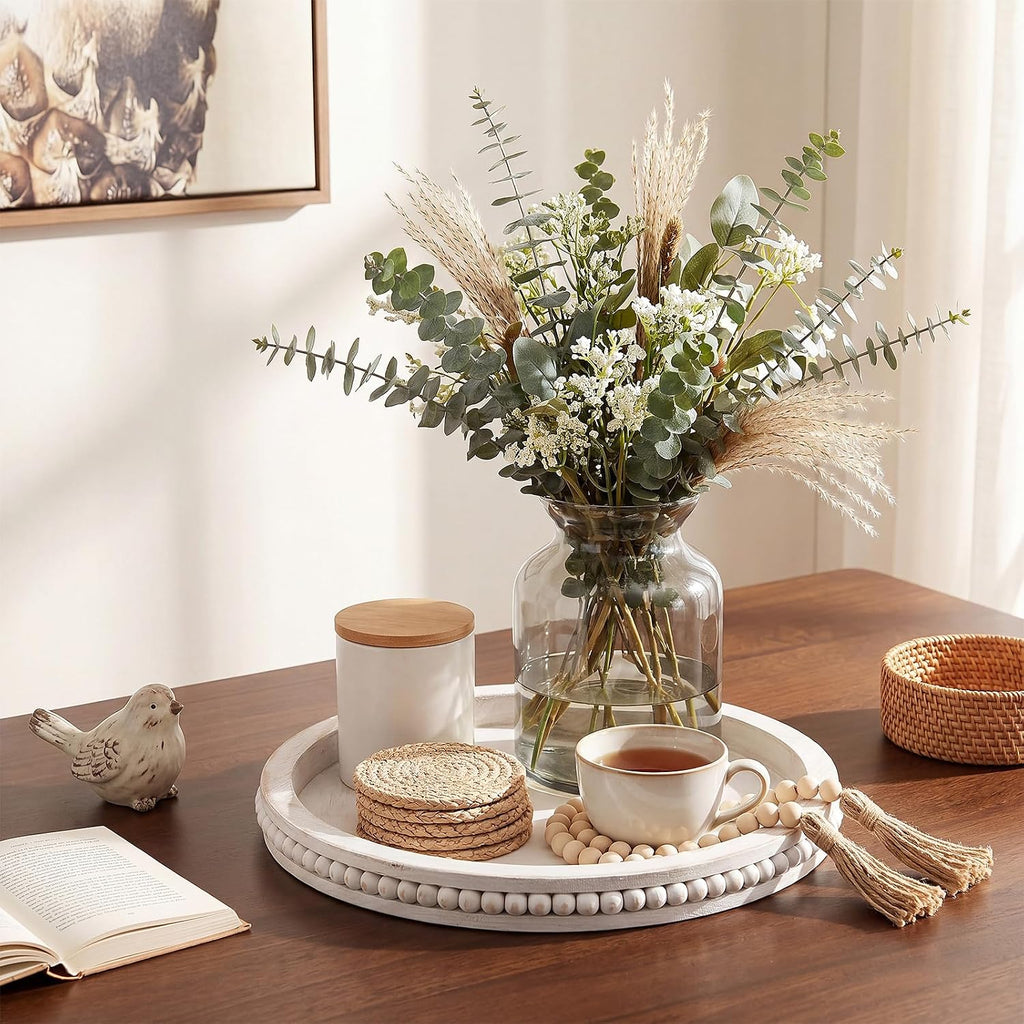2 Pcs Farmhouse Round Tray Decor Set, 12" White Washed Beaded Round Wood Tray with 58" Long Beaded Garland for Coffee