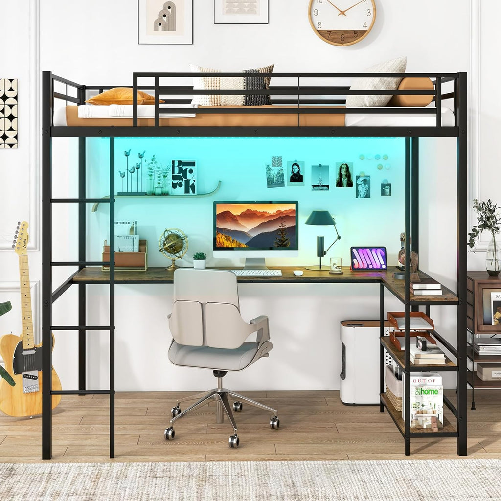 Twin Loft Bed with L-Shaped Desk & Storage Shelves, Metal Loft Bed with Power Outlet & LED Lights, Anti-Tipping Kits