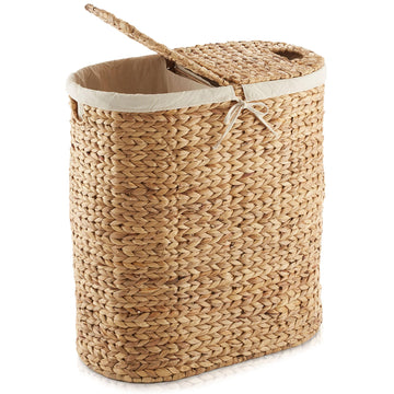 Oval Laundry Hamper with Lids and Removable Liner Bags - Natural, Woven Water Hyacinth 2-Section Laundry Basket