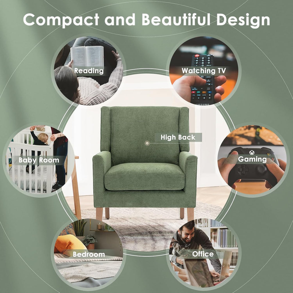 Modern Wingback Living Room Chair, Upholstered Fabric Accent Armchair, Single Sofa Chair with Lounge Seat and Wood
