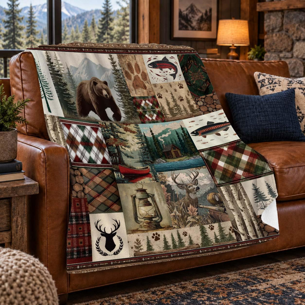 Bear Deer Flannel Blanket for Men, Rustic Cabin Throw, 50x60 Inch