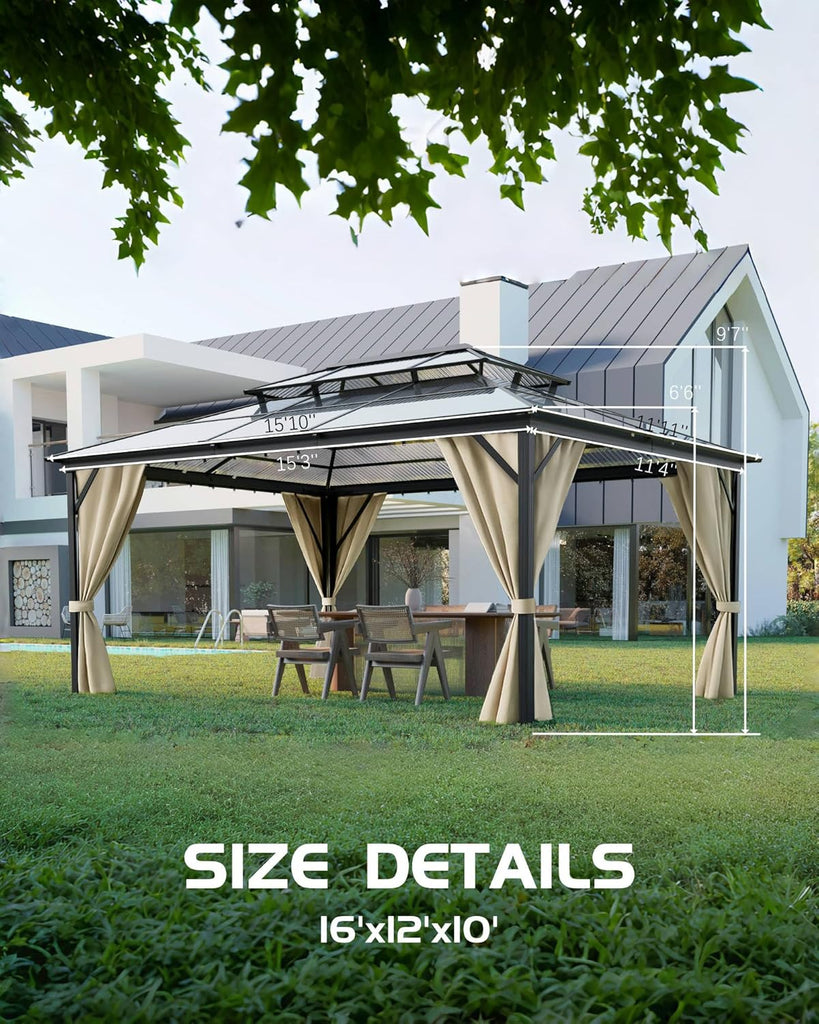 Hardtop Gazebo 12 ft x16 ft for All Weather, Double Polycarbonate Sheets Roof, Aluminum Alloy Frame, Net