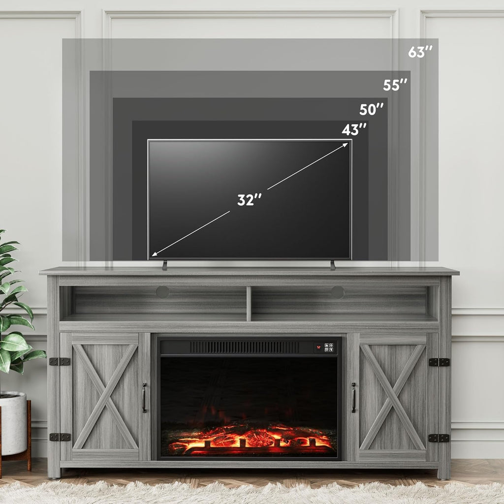 Farmhouse Fireplace TV Stand for TVs up to 65+ Inches, Entertainment Center with Storage Cabinets, Barn Doors and Shelves, Gray Wash