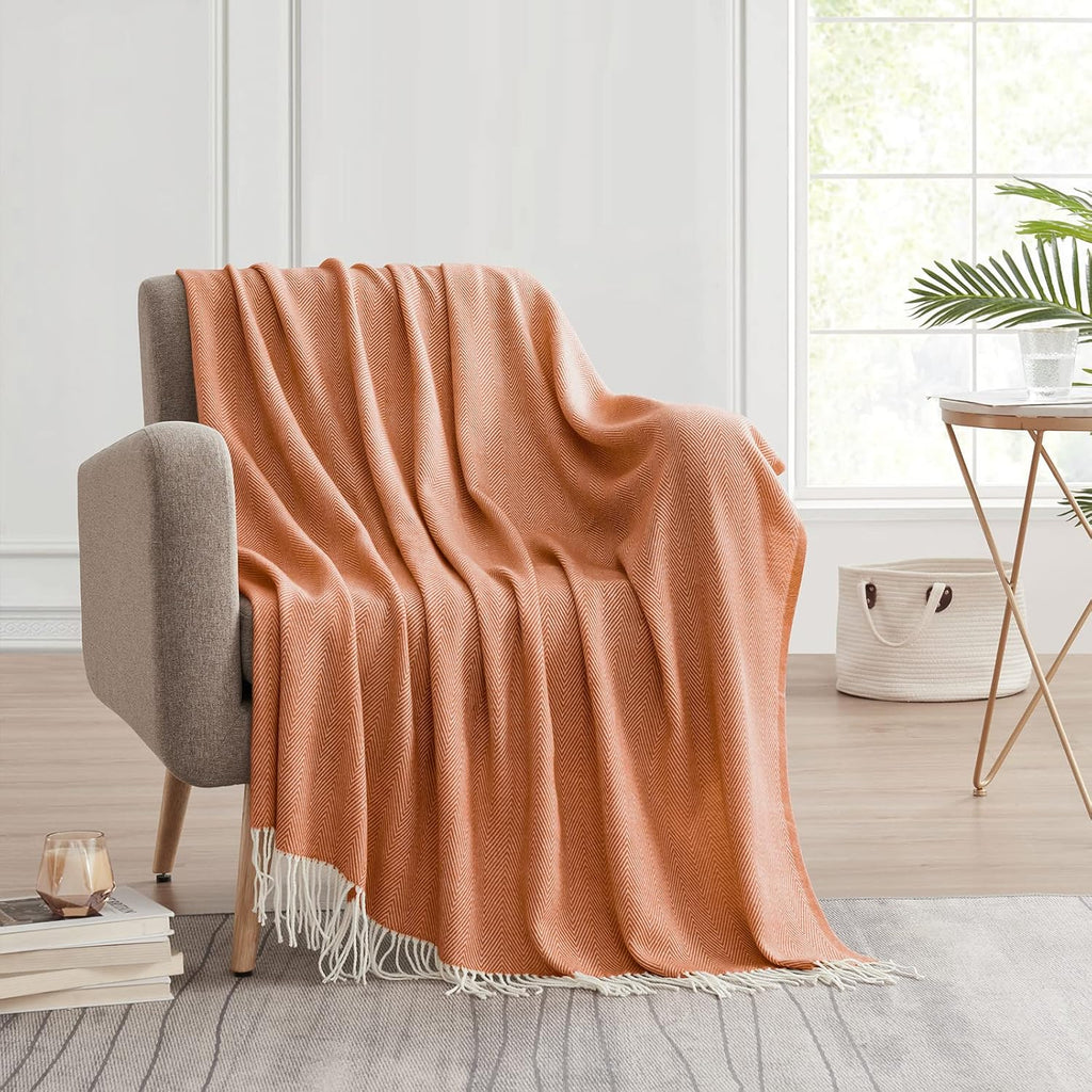 Decorative Herringbone Faux Cashmere Fringe Throw Blanket Lightweight Soft Cozy, 50" x 60" Orange