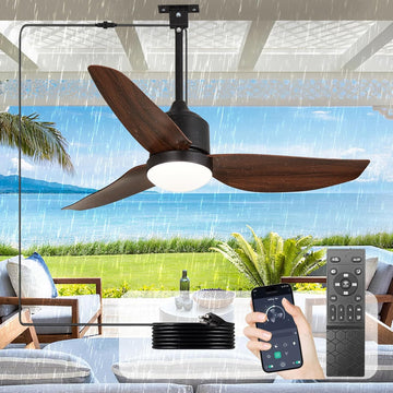 42 Inch Waterproof Gazebo Fans with Lights Outdoor Hanging - Plug in Remote App Control for Patio Indoor Farmhouse Porch - 6 Speed Reversible DC Motor Walnut