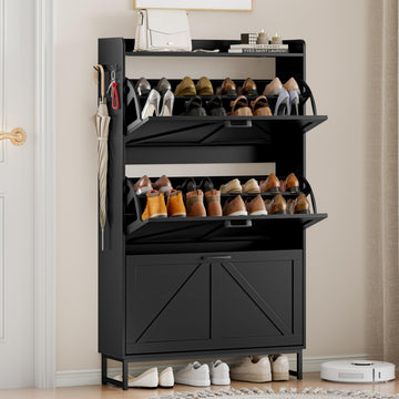 Shoe Cabinet Storage, Shoe Storage Cabinet with 4 Flip Drawers, Freestanding Narrow Shoe Rack Organizer with Metal