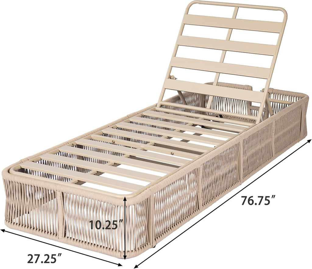 Patio Chaise Lounge Chair Outdoor, Metal Poolside Sun Lounger with Cross-Weave Rope Accent, 5-Position
