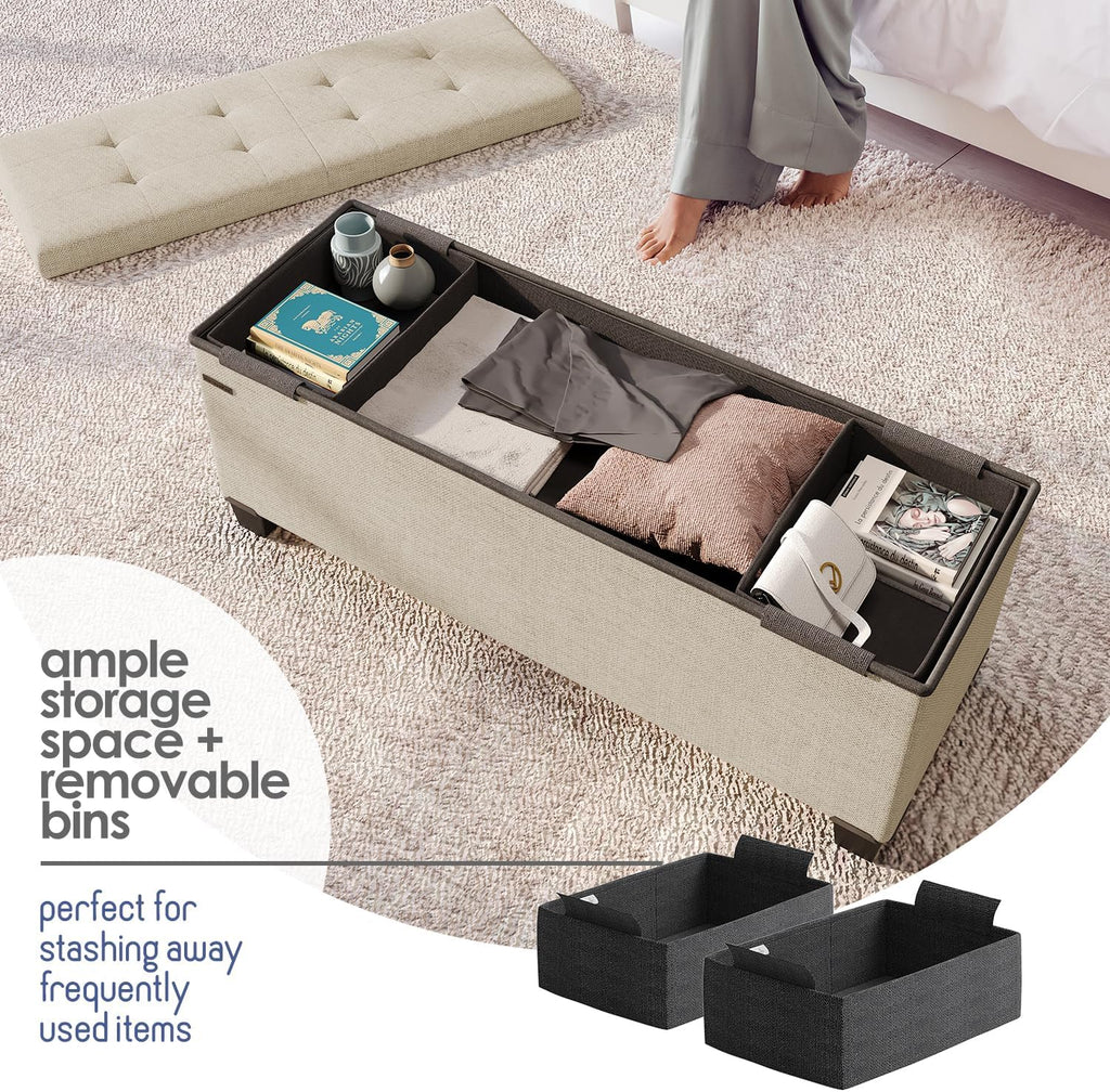 Storage Ottoman Bench with Bins, 43-in Storage Bench End of Bed, Folding Foot Rest Ottoman Max 660lbs, Fabric