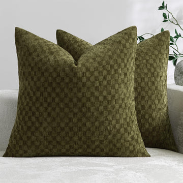 Chenille Check Euro Sham Covers 24x24 Inch Set of 2, Neutral Olive Green Vintage Plaid Throw Pillow Covers, Farmhouse