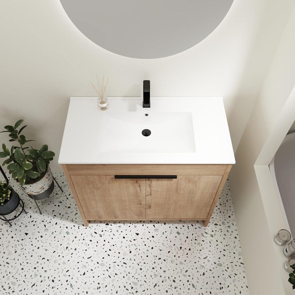 36-Inch Bathroom Vanity with Sink Mid-Century Bathroom Vanities with Top Basin Floor Wood Bathroom Sink Cabinet