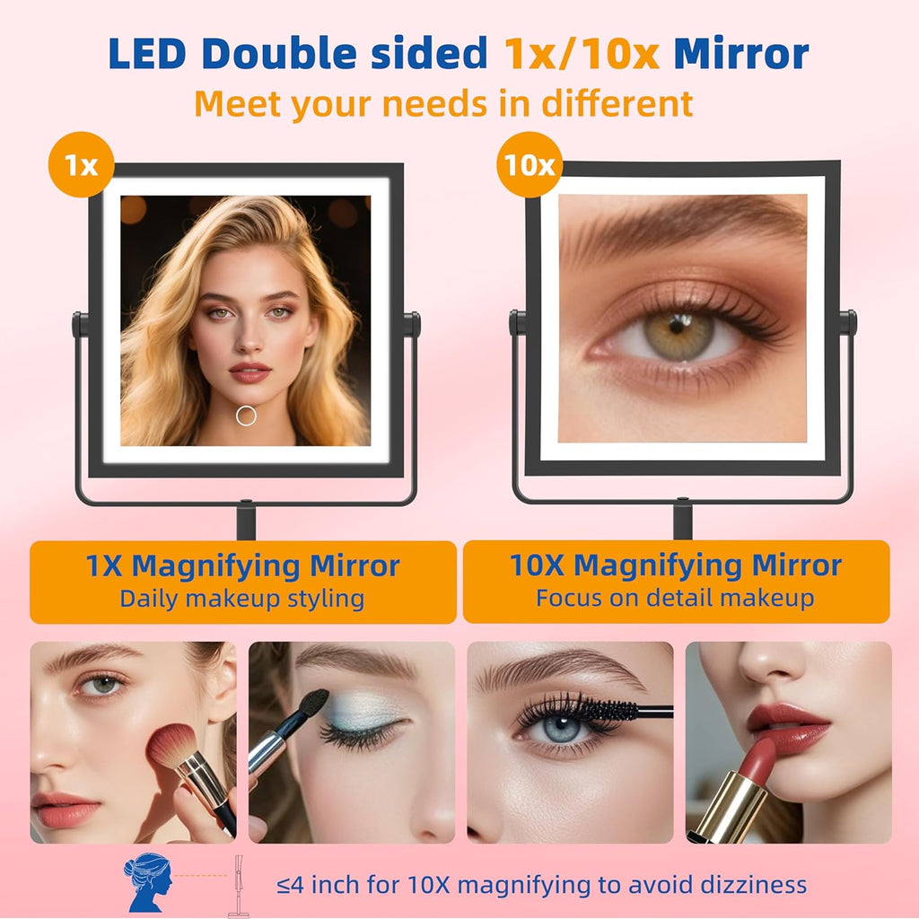 Makeup Mirror with Lights, 4000mAh Rechargeable Magnifying Mirror with Light, 1X/10X, Height Adjustable Bathroom