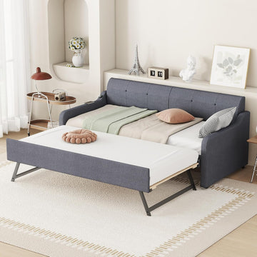 Twin Size Upholstered Daybed with Pop up Trundle,Line Day Bed Frame with Charging Station,Twin to King Daybed, Tufted