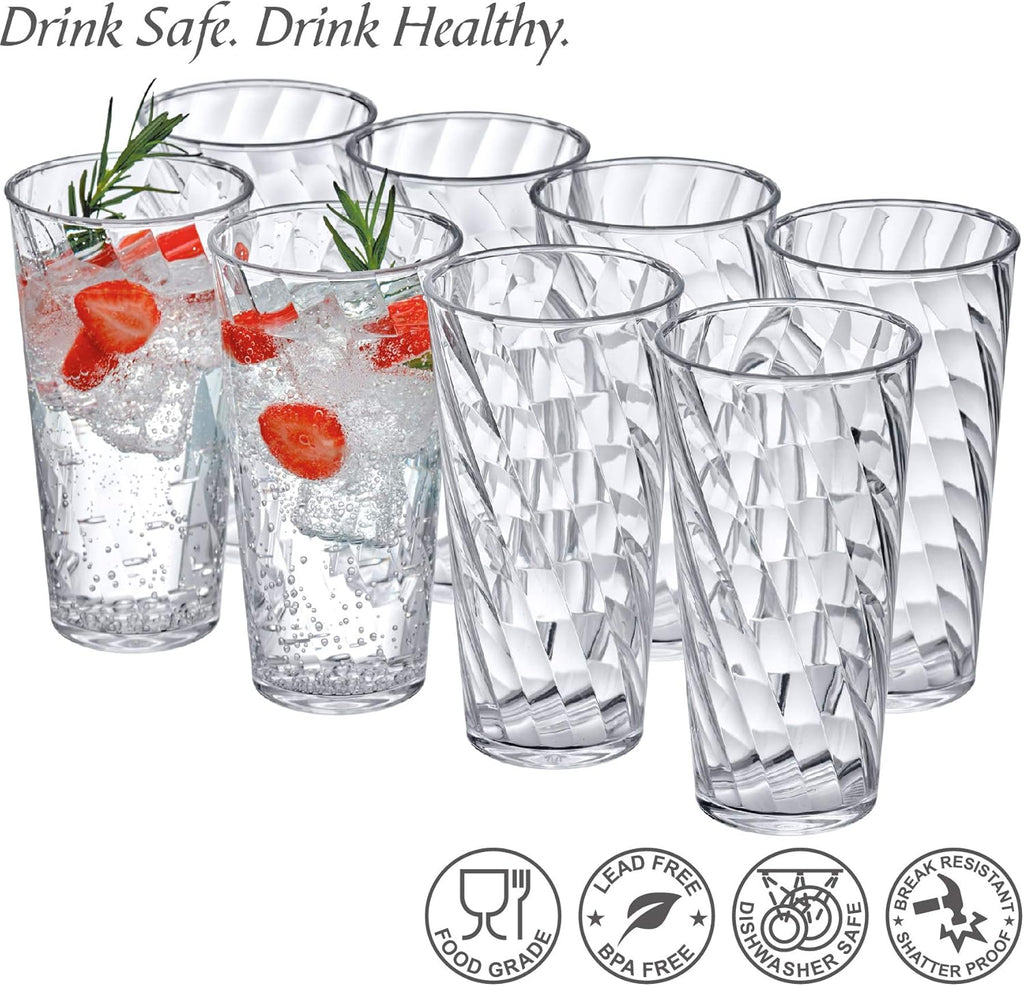 Glacier - 18-Ounce Plastic Tumblers (Set of 8), All-Clear Reusable Plastic Cups, Stackable, BPA-Free, Shatter-Proof