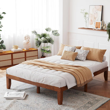 14 Inch Queen Wood Platform Bed Frame, Minimalist Style Mattress Foundation with Solid Rubber Wood, Heavy Duty Slat