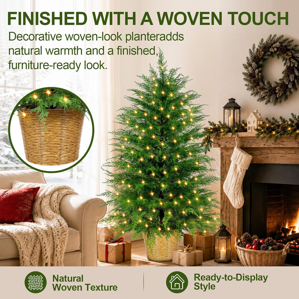 Prelit Artificial Cedar Christmas Tree with Lights Plug in Power, 3 to 5 ft, Faux Cedar Potted Christmas Tree in Decorative