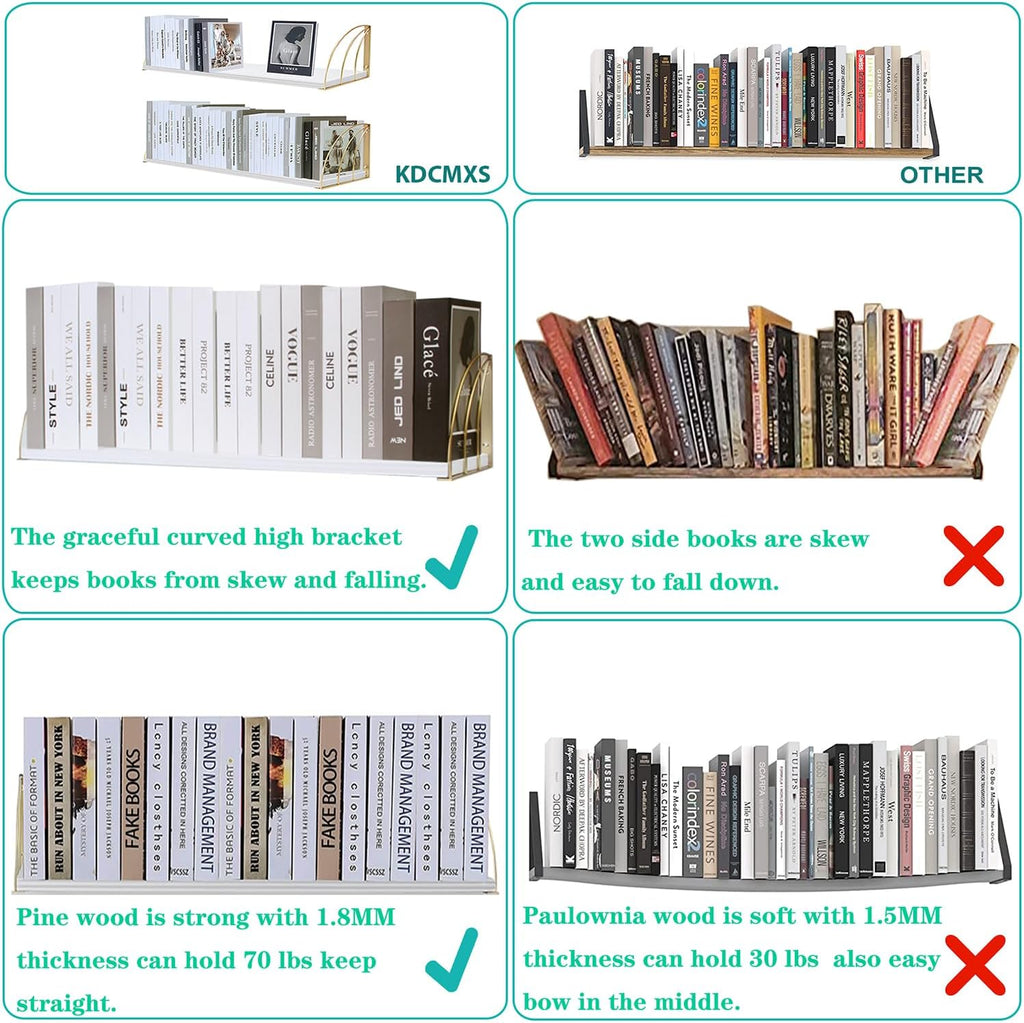 Gold White Shelves Pine Wood 23.5×7.87 Inch Book Shelf for Wall with Elegant Lines,Gold Floating Shelves,Floating